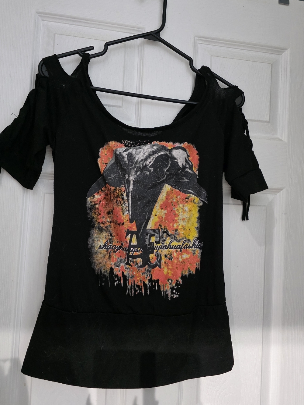 Gothic Skull Graphic Cold Shoulder Top - Lace-Up Back & Sleeves - Size Medium